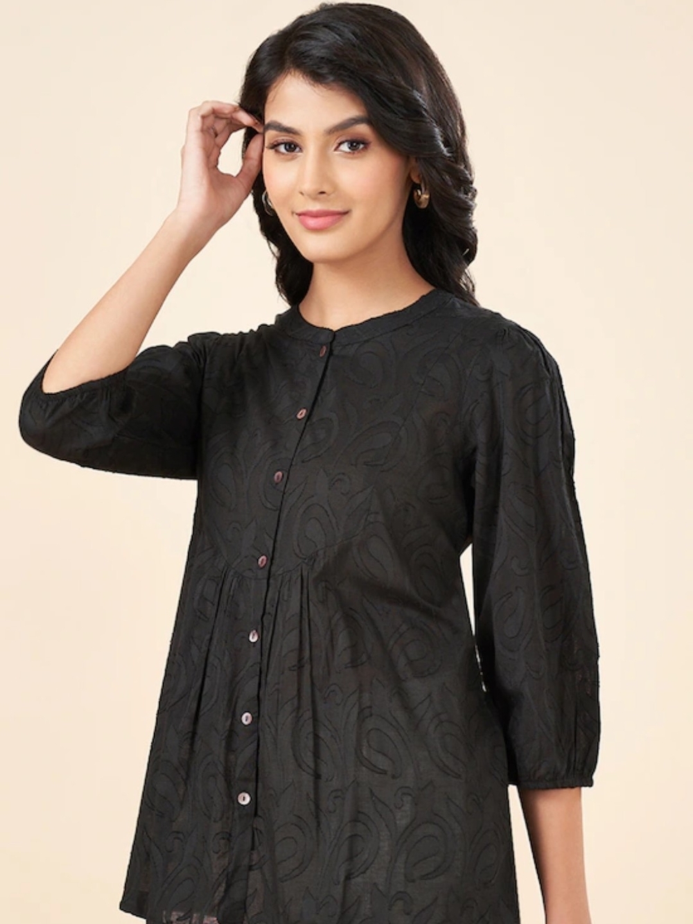 Black Button-Front Jacquard Peplum Blouse